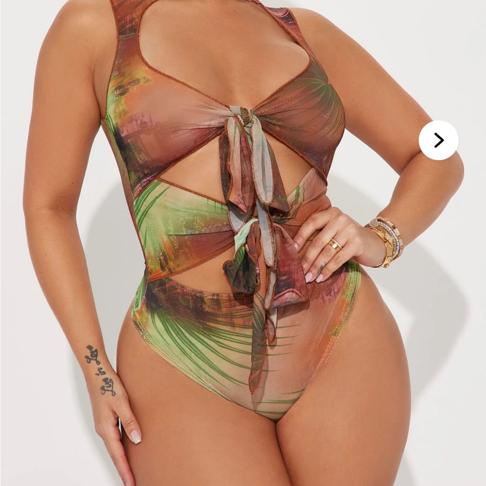 NWT Size Small Mesh Cutout Tie Front Bodysuit | Abstract Print | Festival Y2K